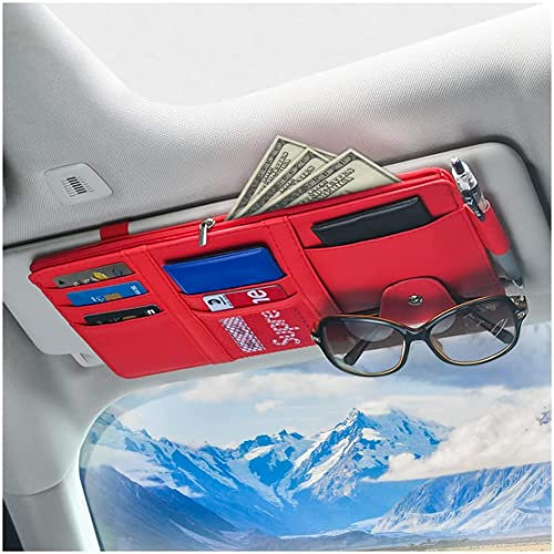 Auto-Sonnenblende-Organizer, Reißverschlusstasche aus Leder für Karten, Führerschein, Stifte, Brillen, Dokumente, Autozubehör (Rot)