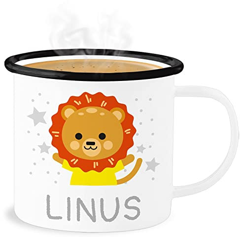 Emaille Becher Blechbecher - Löwen - Löwe Name - 300 ml - Weiß Schwarz - löwenmotiv namens geschenke tiere kita tier jungen lion und leo junge lions mädchen süßer kindergarten wunschtext kind