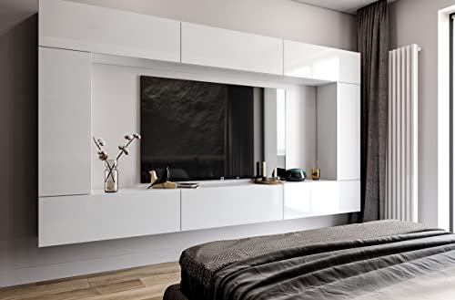 BROMARKT Premium Wohnwand Wohnzimmer Set 8 Teile - Wohnzimmer Schrank - Wohnzimmer Möbel mit Wandschrank - Wohnwand Modern - Wohnzimmerschrank Komplett Möbel - Hochglanz Weiß