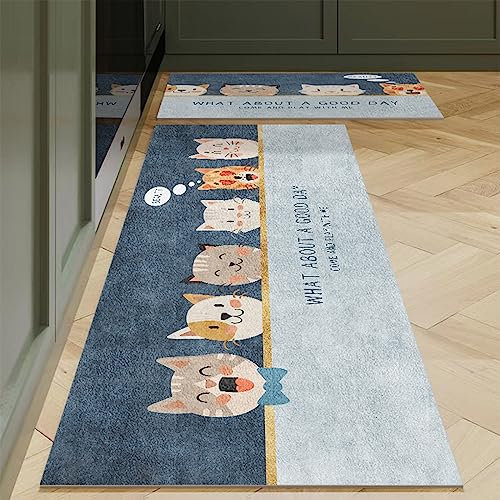 2 Pièces Tapis de Cuisine Lavable en Machine Le Chat Bleu Tapis Cuisine Devant Evier Long Antidérapant et Lavable Ensemble Universel Salon Couloir Douche Entree Porte