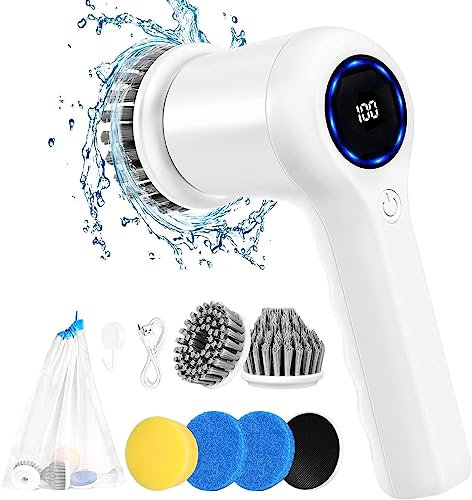 ERAVOR Bathroom Scrubber Handheld Rechargeable,5-in-1 Kitchen Cleaning Brush for Housekeeping with 5 Replacement Head&Cordless Electric Spin Scrubber for Tub/Tile/Sink/Wall/Limescale/Dish,in Box, 3.7V