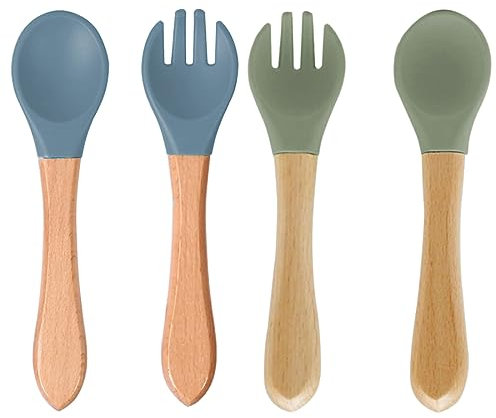 Tadipri Lot De 4 Cuillère Fourchette En Bambou Pour Bébé Bois Embouts En Silicone Souple Cuillère Fourchette Pour Bébé Avec Une Forte Cuillère Fourchette Pour Les Bébés Et Les Petits Enfants