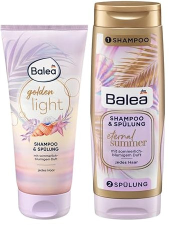 Balea 2er-Set Haarpflege: Shampoo & Spülung GOLDEN LIGHT reinigt & pflegt sanft für geschmeidig weiches Haar (200 ml) + Twinpack ETERNAL SUMMER Shampoo & Spülung mit Duft nach Sommer (300 ml), 500 ml