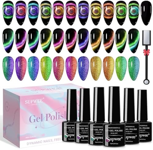 SUPWEE Cat Eye Gel Nail Polish, 9D Magnetic Gel Polish Set with Magnet 12 Colors Chameleon Galaxy Cateye UV Gels for DIY Manicure Nail Art Salon Home