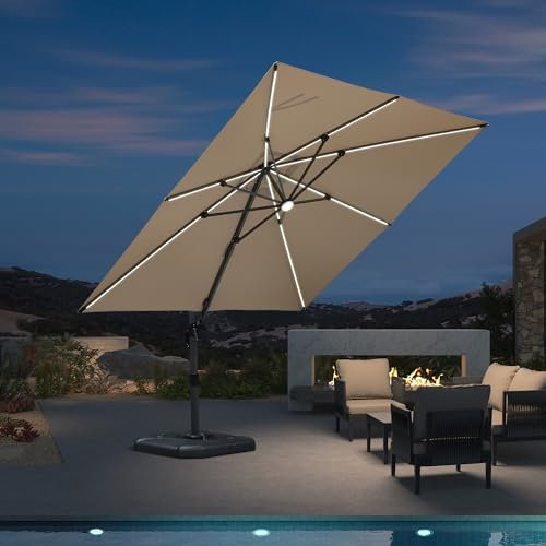 PURPLE LEAF Ombrellone da Giardino 3 x 3 m con Luce LED Solare, Ombrelloni da Esterno Inclinabile e Rotazione di 360°, Ombrellone da Balcone con 8 Stecche in Alluminio e Tela Protezione UV 50+, Cachi