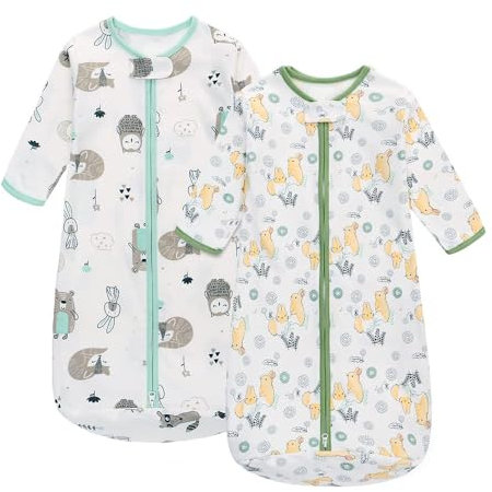 Baby Sleeping Bag 2 Pack 100% Cotton 0.5 TOG Long Sleeves Wearable Blanket Various Sizes 6-12 Months Sleeping Sack for Newborn Boys Girls Infant Toddlers Baby (Owl Rabbit)