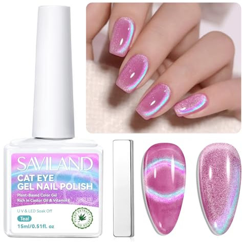 Saviland Cat Eye Gel Nail Polish Castor Oil Vitamin E: Double Flashes Effect Cateye Magnet Gel Nail Polish Cateye Gel Polish Soak Off U V LED Nail Art Magnet Manicure Home DIY Nail Salon