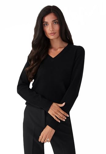 Style & Republic V-Neck Kaschmir Pullover-Damen elegant aus 100% Cashmere - Dein kuscheliger Premium Strickpullover für stilvolle Herbst- & Winter-Momente - Black L