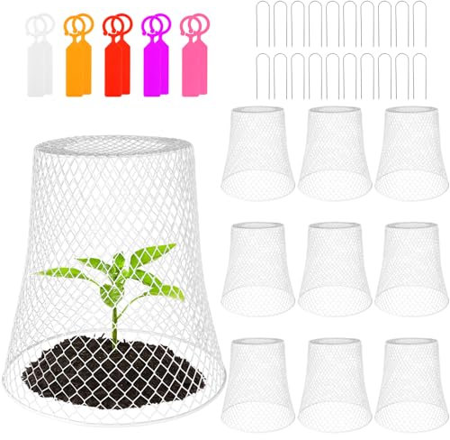 10 Set Chicken Wire Cloche Plant Protector Cover Metal Garden Cloche Dome Chicken Wire Protection Basket with Garden Stakes Labels for Keeping Rabbit Chicken Out (White)