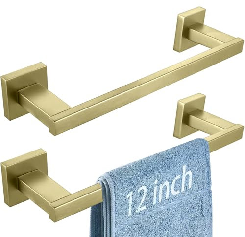 LANC Lot de 2 barres porte-serviettes de 30 cm pour salle de bain - Fixation murale - Or brossé - Anneau carré en acier inoxydable pour salle de bain - A9010BG-L3P2