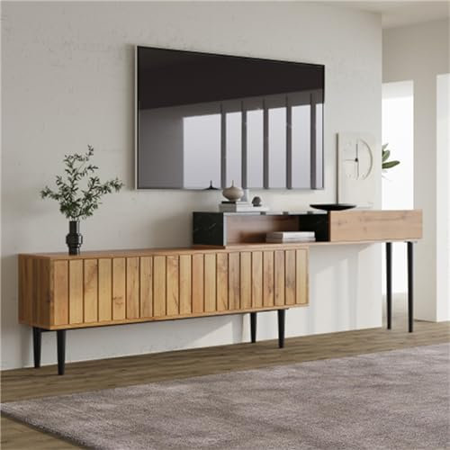 Meuble TV Moderne avec Motif marbre et Grain de Bois – Bord en PVC, Pieds en Fer, Bois foncé, Peu encombrant, Durable pour Le Salon
