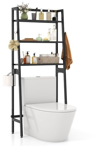 COSTWAY Over Toilet Storage Unit, 3-Tier Freestanding Bathroom Shelf Space Saver Organizer with Toilet Paper Holder, 2 Hooks and Adjustable Bottom Bar, Metal Frame Over The Toilet Storage Rack (Black)