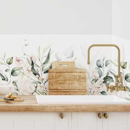 UNIK Nordic Küchenrückwand Folie aus Glaslaminat, BxH: 50x100cm, Küchenfolie selbstklebend mit Motiv: Flower Border/Blüten, Spritzschutz für die Küche, kratzfest, hitzeresistent und hygienisch