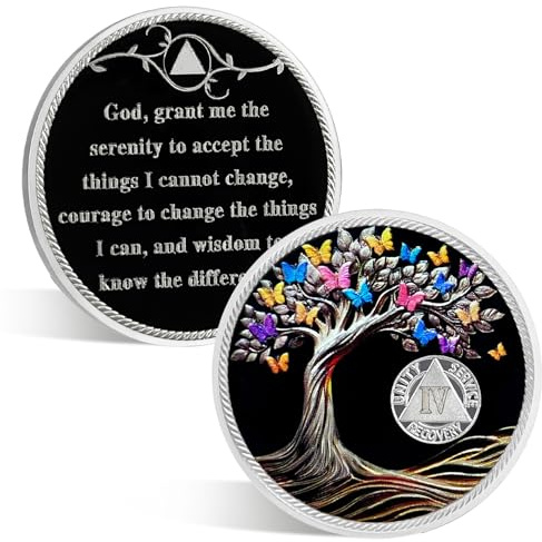 ACGZQY 4 Jahre Nüchternheit Chip - Genesungs AA Münze und Medaille Schmetterling Baum des Lebens Nüchternheit Münze AA NA Jubiläums Token Nüchternheitsgeschenke Anonyme Alkoholiker Genesung
