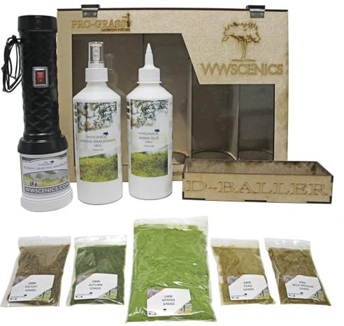 WWScenics Pro Grass Gras-Schichtaufbau Set | Spur-N Starter Kit mit Statische Grasfasern und Begrasungsgerät