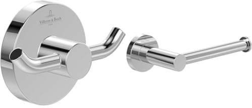 Villeroy & Boch Elements - Tender Accessoire-Set (2 in 1 Bundle), Doppel-Handtuchhaken 76 x 32 x 54 mm und Toilettenpapierhalter ohne Deckel, Chrom