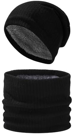 Mupkvy Ensemble Bonnet Homme Hiver et Écharpe, Bonnet d'hiver thermique en tricot - Cache-cou avec doublure en polaire - Pour homme Cadeau de Noël