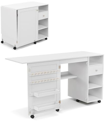 LIFEZEAL Faltbarer Nähtisch, Mobiler Schrank für Nähmaschine mit Aufbewahrungsregalen & Haken, Nähschrank Nähmaschinenschrank mit Rollen, Weiß