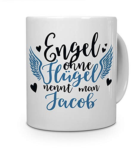 printplanet Tasse mit Namen Jacob - Motiv Engel - Namenstasse, Kaffeebecher, Mug, Becher, Kaffeetasse - Farbe Blau