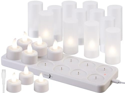 Lunartec Flacker LED-Teelichter: 24er-Set Akku-LED-Teelichter mit Kunststoff-Dekogläsern & Ladestation (Elektrische mit Akku, aufladbare Sets, Stimmungslicht)