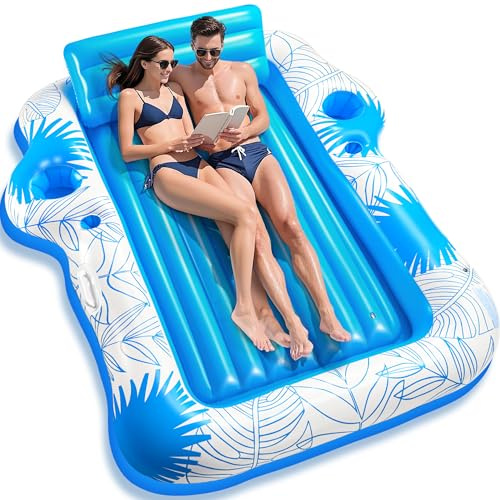Inflatable Pool Lounger Float for Adults - JIANYHW X-Large Beach Sun Tan Tub Pool Lounge Raft Sunbathing Pool Floaties with 2 Food/Drink Holder, Blow Up Tanning Pool Bed Floating Mat