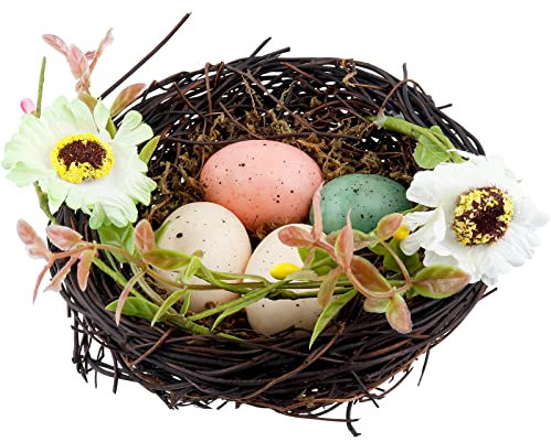 Vogelnest Deko, Gobesty Ostern Deko-Vogelnest mit 4 Eiern, Ostern Eiernest Osterkörbchen, Künstliches Natürliches Rattan Vogelnest, Ornamente für Zuhause/Oster Party/Foto Requisiten/Bastelbedarf, 12CM