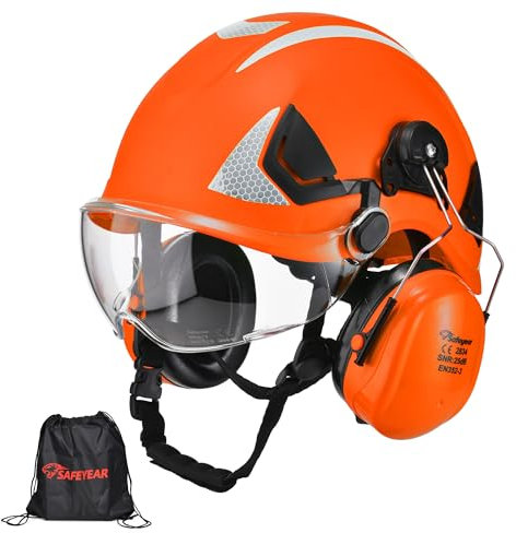 SAFEYEAR Casco protettivo adulto con occhiali antigraffio, paraorecchie, casco di sicurezza ABS EN397, nastro riflettente, fori traspiranti, adatto per lavori e attività all'aperto industriali e vari