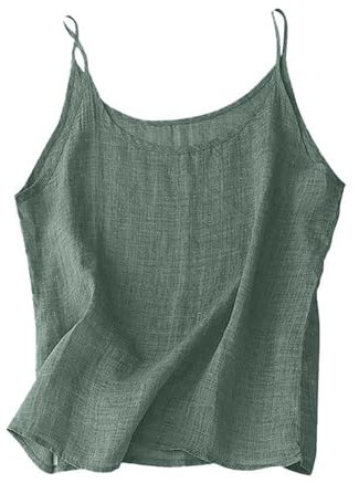 Débardeur en lin à bretelles pour femme - Confortable - Col rond - Couleur unie - Camisole - Chemises de vacances - Gilet ample et respirant sans manches - Grande taille, Vert, XXL