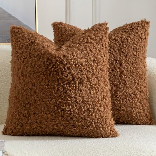 Yaertun Confezione da 2 federe decorative in finta pelliccia sherpa, morbide, in pile di pecora, per divano, letto, soggiorno, 50 x 50 cm, marrone