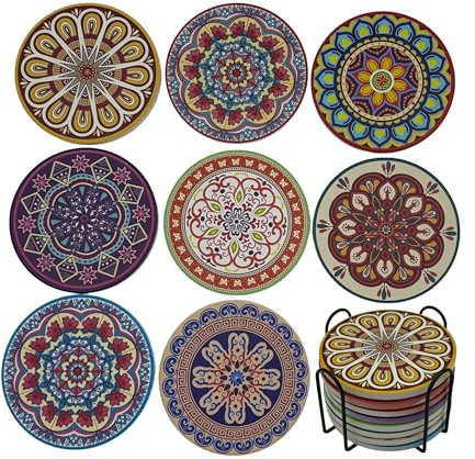 Mandala 4 Inches Round Absorbent Ceramic Coasters Set of 8, Cork Base with Holder, Boho Non-Slip Coasters for Drinks, Table Office