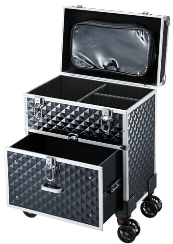 Kosmetikkoffer Trolley Kosmetik Trolley mit Schublade Make up Koffer Schminkkoffer Friseurkoffer mit Rollen Beauty Case Nagelkoffer Nageldesign Koffer,Schwarz