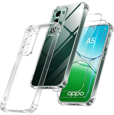 Vauki Funda para OPPO A5 4G/5G / OPPO A5m con 2 Cristal Templado, Soft TPU Case, [Almohadilla de Aire integrada] Carcasa Antigolpes Antiarañazos, Cover Antiamarilleo Protección Cámara, Transparente