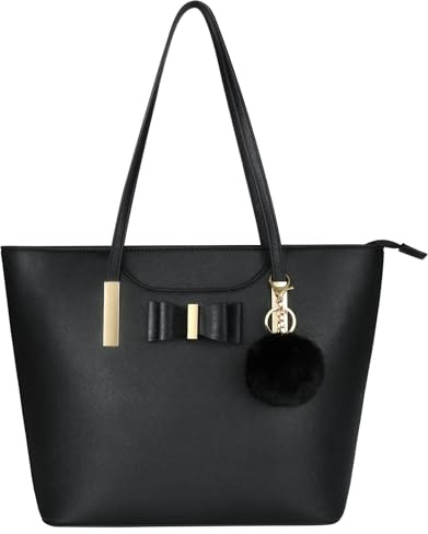 URAQT Damen Handtasche Schwarz, 15.6 Zoll Große Laptoptasch, Shopper Handtasche, Elegante Umhängetasche aus PU Leder für Büro Schule Einkauf mit Kaninchen Pelz Kugel Plüsch Schlüsselring