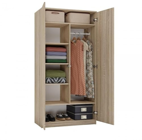 CDF Kleiderschrank Breit Kinderzimmer Schlafzimmer 2-türig Zweitüriger | Schrank Moderne Look Alles für die Montage Inklusive Garderobenschrank Klamotten Spielzeuge – SD 90 cm Sonoma