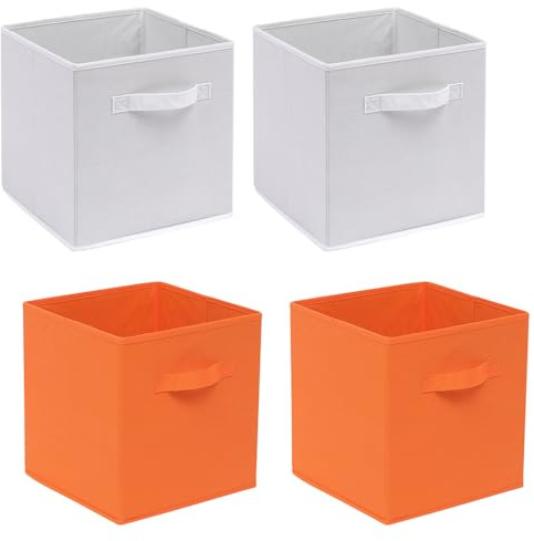NICEME Cube Storage Boxes Set of 4, Foldable Storage Boxes with Handle for Home Office Nursery, 4pcs Collapsible Bins Organiser for Shelf Closet Organization, White+Orange
