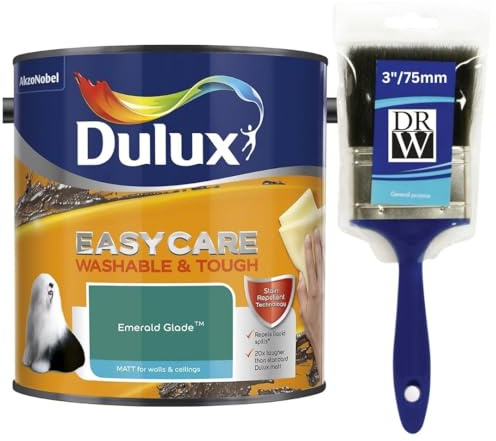 Emerald Glade Dulux Easycare Matt Emulsion Paint 2.5L + 3 Emulsion Paint Brush – Washable & Stain Resistant, Durable Matt Finish, Quick Dry, Low Odour Interior Wall & Ceiling Paint