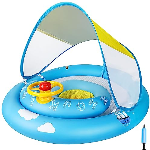 MYCARBON Salvagente Neonato 6 Mesi – 30 Mesi con Parasole Mutandina Regolabile Salvagente Bambini con Pompetta Galleggiante Ciambella per Mare Piscina(Blu)