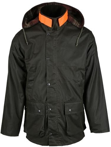 Romneys Wachsjacke New England Jager | Robuste wind- und wasserdichte Regenjacke | Für Jäger mit Hasentasche und Signalstreifen | Inklusive Kapuze