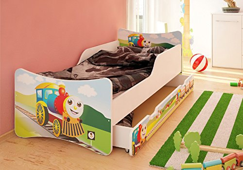 Best For Kids Kinderbett MIT SCHUBLADE UND MIT 10 cm MATRATZE SUPER Auswahl 4 GRÖßEN (70x140, Lokomotive)