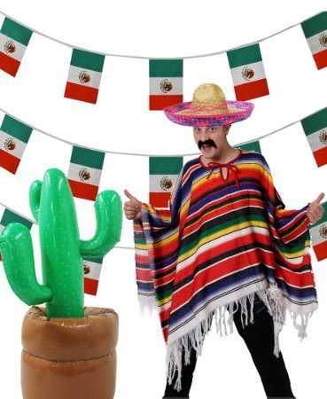 SUPER MEXIKO 5 TEILIGES SET ==BEINHALTET EINEN SOMBRERO IHRER Wahl ERHALTBAR IN 4 VERSCHIEDENEB FARBEN== EINEM MEHRFARBIGEN PONCHO = = EINEN AUFBLASBAREN KAKTUS 96cm GROß DER BODEN KANN MIT SAND ODER WASSER GEFÜLLT WERDEN==EINER 10meter LANGEN MEXIKANISCHEN FLAGGEN GIRLANDE==EINEN AUFKLEBBAREM SCHWARZEN MEXIKANER SCHNURRBART= VON ILOVEFANCYDRESS®==MIT ROSA STICKEREIEN