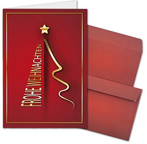 NEUSER PAPIER 15x Weihnachtskarten-Set DIN A6 in Rot mit goldenem Weihnachtsbaum - Faltkarten mit passenden Umschlägen - Modern - Weihnachtsgrüße für Firmen und Privat