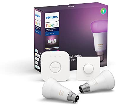 Philips Hue White and Colour Ambiance Starter Kit: Smart Bulb 2x Pack LED [B22 Bayonet Cap] Includes Hue Button + Bridge. Works with Alexa, Google Assistant and Apple HomeKit,9 Watts