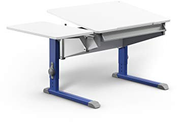 Moll Bandit Kinderschreibtisch höhenverstellbar | mitwachsend, ergonomisch & neigbar für aufrechtes Sitzen | ideal für Schulkinder | Schreibtisch weiß (mit Side Top, Blau, 90cm x 70,5cm)