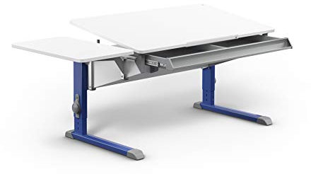 Moll Bandit Kinderschreibtisch höhenverstellbar | mitwachsend, ergonomisch & neigbar für aufrechtes Sitzen | ideal für Schulkinder | Schreibtisch weiß (Side Top & Schublade, Blau, 117,2cm x 70,5cm)