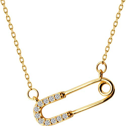 IMINI Halskette mit Kristall-Büroklammer-Anhänger, 925er-Sterlingsilber, 14-Karats-Gold, zierlicher Zirkonia, Diamant-Clip, verstellbar, personalisierbar