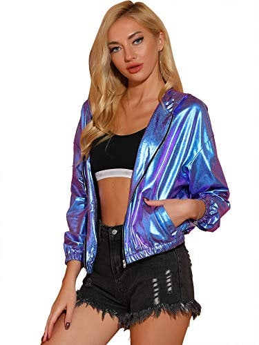 Allegra K Damen Bluson Langarm Metallic Jacke Holographic Party Reißverschluss Kapuzenjacke Blau Lila M