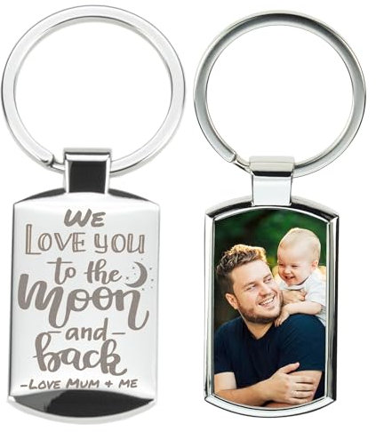 Eliphs Personalised Keyring Xmas Keyring :Dad Photo best Grandad fathers day keychain,Dad gifts from Daughter Engraved Message Christmas keytag in Box Daddy Birthday prasant (Love Moon Dad)