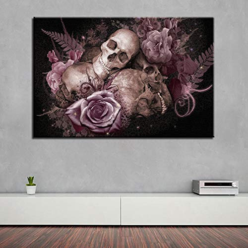 RCBDA Leinwand Bilder Gothic Totenkopf Rose Blume 80X120 cm Vlies Leinwandbild 1 Stück Kunstdruck Modern Wandbilder Xxl Wanddekoration Design Wand Bild Kunstwerk