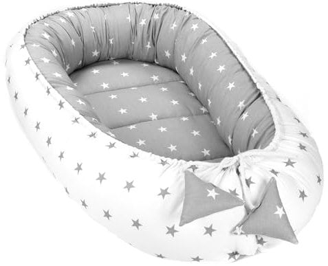 Babynest babynestchen neugeborene mit tragegriff 90 x 50 cm baby nestchen tragbar nest für bett kinder kuschelnest coccon für Jungen und Mädchen Sternchen Grau-Weiß