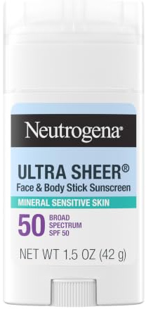 Neutrogena Ultra Sheer Dry Touch SPF 50 Mineral Sunscreen Stick for Sensitive Skin, Zinc Oxide, Body & Face Sunscreen with Vitamin E, No White Residue & Vegan, 1.5 oz
